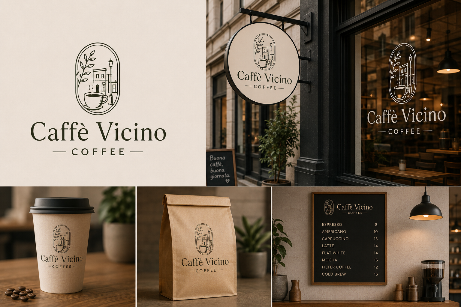 Projekt logo i identyfikacji wizualnej kawiarni Caffè Vicino
